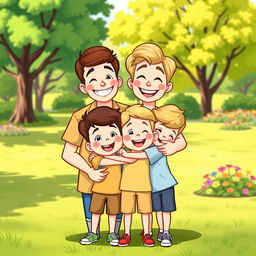 A cheerful cartoon family portrait featuring two happy sons