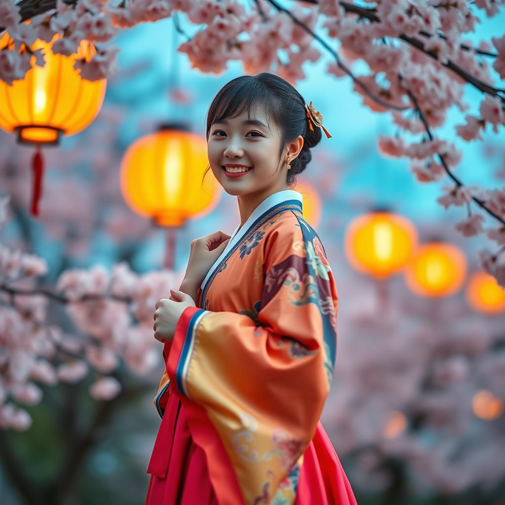 A full-body portrait of a Korean girl wearing a vibrant and richly detailed hanbok, elegantly standing with one hand gently holding the edge of her hanbok