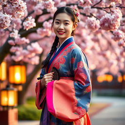 A full-body portrait of a Korean girl wearing a vibrant and richly detailed hanbok, elegantly standing with one hand gently holding the edge of her hanbok