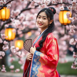 A full-body portrait of a Korean girl wearing a vibrant and richly detailed hanbok, elegantly standing with one hand gently holding the edge of her hanbok