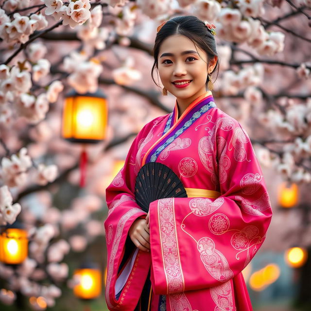 A full-body portrait of a Korean girl wearing a vibrant and richly detailed hanbok, elegantly standing with one hand gently holding the edge of her hanbok