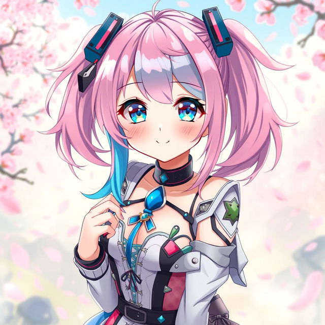 A captivating anime girl with big sparkling eyes, vibrant colorful hair in shades of pink and blue styled in playful twin tails