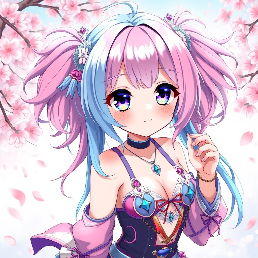 A captivating anime girl with big sparkling eyes, vibrant colorful hair in shades of pink and blue styled in playful twin tails