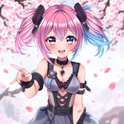 A captivating anime girl with big sparkling eyes, vibrant colorful hair in shades of pink and blue styled in playful twin tails