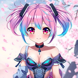 A captivating anime girl with big sparkling eyes, vibrant colorful hair in shades of pink and blue styled in playful twin tails