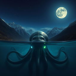 At the bottom of a lake, surrounded by majestic mountains under the midnight sky, a colossal sea monster resembling a giant octopus resides