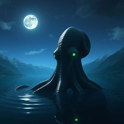 At the bottom of a lake, surrounded by majestic mountains under the midnight sky, a colossal sea monster resembling a giant octopus resides