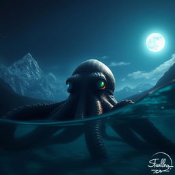 At the bottom of a lake, surrounded by majestic mountains under the midnight sky, a colossal sea monster resembling a giant octopus resides