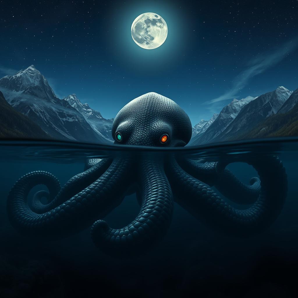 At the bottom of a lake, surrounded by majestic mountains under the midnight sky, a colossal sea monster resembling a giant octopus resides