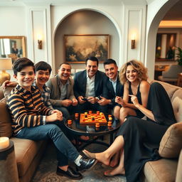 A wealthy and happy family gathered in a luxurious living room