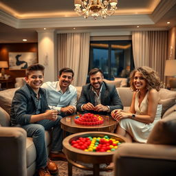 A wealthy and happy family gathered in a luxurious living room