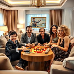 A wealthy and happy family gathered in a luxurious living room