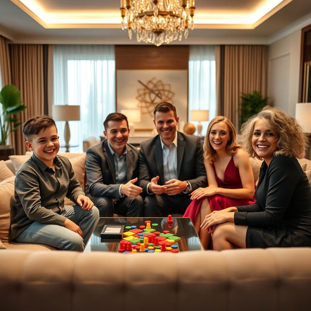 A wealthy and happy family gathered in a luxurious living room