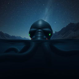 At the bottom of a lake under a starry midnight sky, surrounded by rugged mountains, a colossal sea creature resembling a giant octopus rests