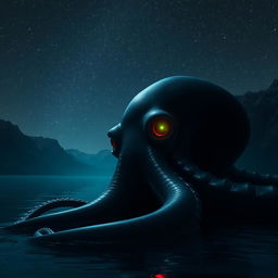At the bottom of a lake under a starry midnight sky, surrounded by rugged mountains, a colossal sea creature resembling a giant octopus rests