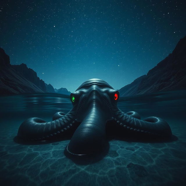 At the bottom of a lake under a starry midnight sky, surrounded by rugged mountains, a colossal sea creature resembling a giant octopus rests