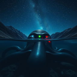 At the bottom of a lake under a starry midnight sky, surrounded by rugged mountains, a colossal sea creature resembling a giant octopus rests