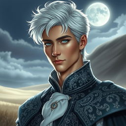 A tall, handsome prince with short, messy white hair, styled with a touch of elegance