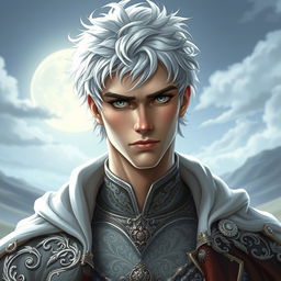 A tall, handsome prince with short, messy white hair, styled with a touch of elegance