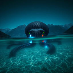At the bottom of a serene lake, surrounded by imposing mountains under the midnight sky, a colossal sea creature akin to a giant octopus lurks
