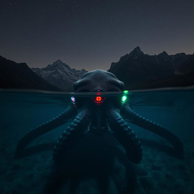 At the bottom of a serene lake, surrounded by imposing mountains under the midnight sky, a colossal sea creature akin to a giant octopus lurks