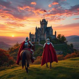 A majestic castle perched atop a lush green hill, surrounded by rolling landscapes and vibrant foliage