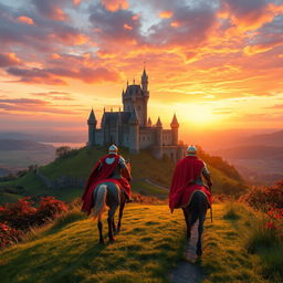 A majestic castle perched atop a lush green hill, surrounded by rolling landscapes and vibrant foliage