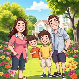 A cheerful and affluent cartoon family consisting of four members, with two sons