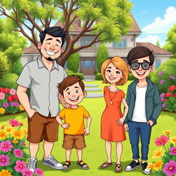 A cheerful and affluent cartoon family consisting of four members, with two sons