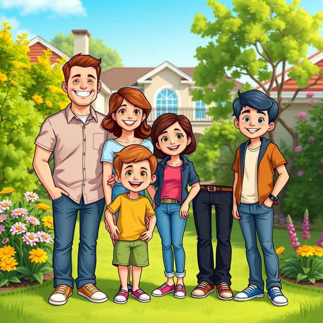 A cheerful and affluent cartoon family consisting of four members, with two sons