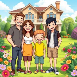 A cheerful and affluent cartoon family consisting of four members, with two sons