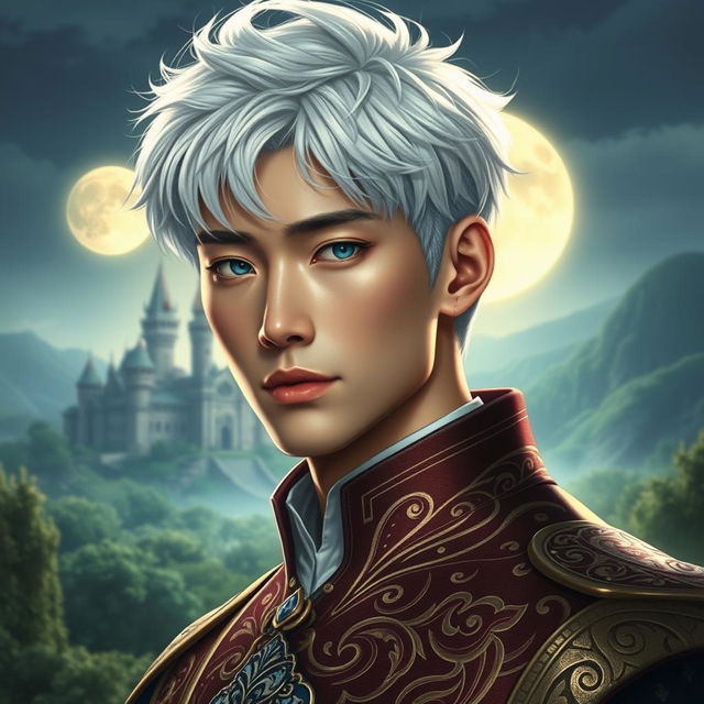 A tall, handsome prince with short, messy white hair styled to give a modern yet regal flair