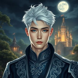 A tall, handsome prince with short, messy white hair styled to give a modern yet regal flair