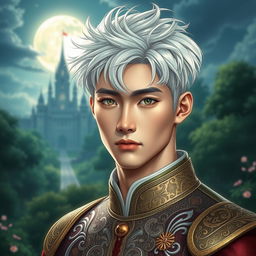 A tall, handsome prince with short, messy white hair styled to give a modern yet regal flair