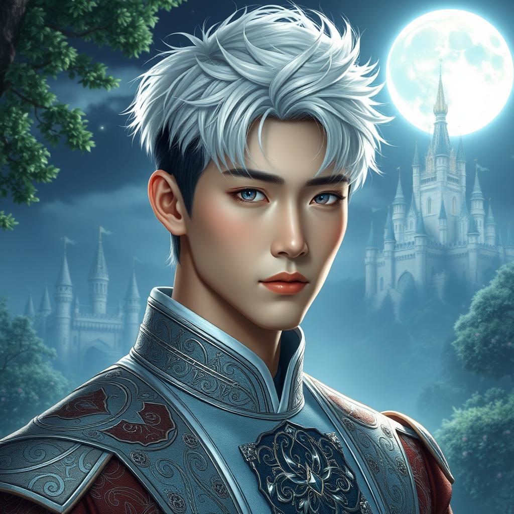 A tall, handsome prince with short, messy white hair styled to give a modern yet regal flair