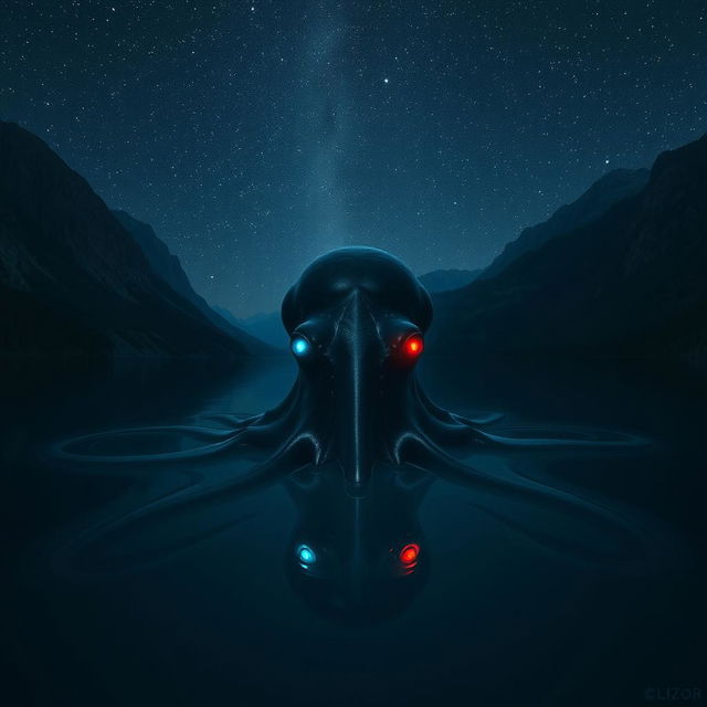 At the bottom of a tranquil lake, encircled by towering mountains beneath a starry midnight sky, a gigantic sea creature resembling an octopus lurks