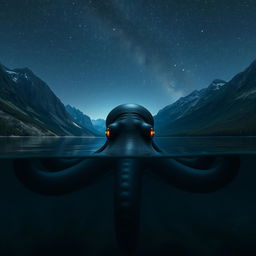 At the bottom of a tranquil lake, encircled by towering mountains beneath a starry midnight sky, a gigantic sea creature resembling an octopus lurks