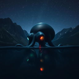 At the bottom of a tranquil lake, encircled by towering mountains beneath a starry midnight sky, a gigantic sea creature resembling an octopus lurks