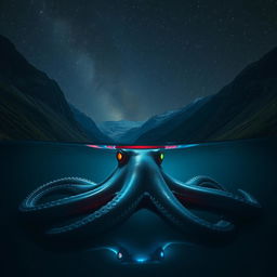 At the bottom of a tranquil lake, encircled by towering mountains beneath a starry midnight sky, a gigantic sea creature resembling an octopus lurks