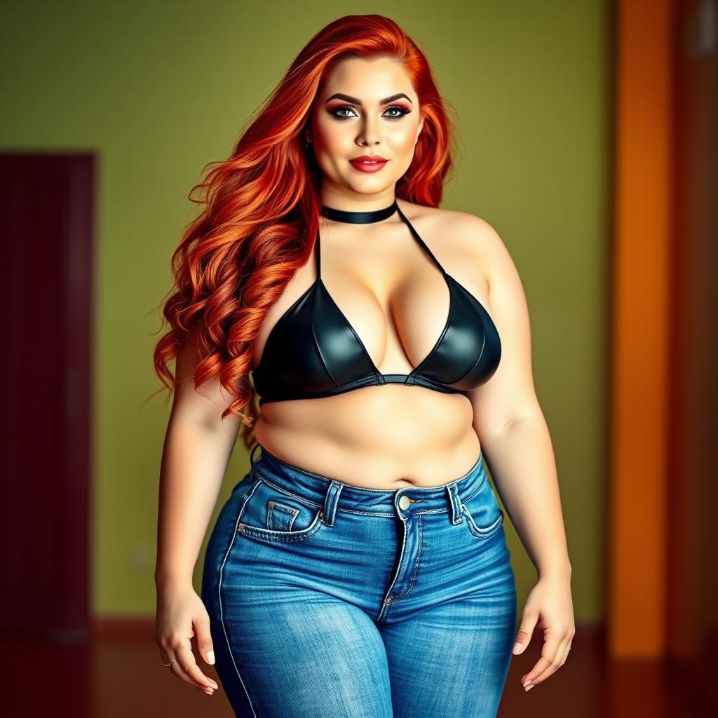 A stunning full-length portrait of a beautiful, sexy, curvy girl with wide hips and thick legs