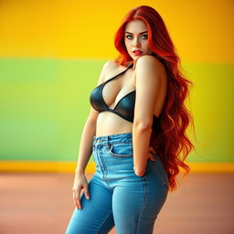 A stunning full-length portrait of a beautiful, sexy, curvy girl with wide hips and thick legs