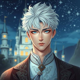 A tall, handsome prince with short, messy white hair styled in a contemporary Korean fashion