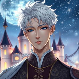 A tall, handsome prince with short, messy white hair styled in a contemporary Korean fashion