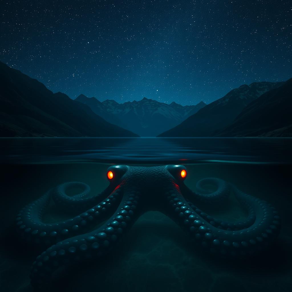 At the bottom of a serene lake, surrounded by majestic mountains under a starry midnight sky, a gigantic sea creature that resembles an octopus lies in wait