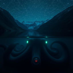 At the bottom of a serene lake, surrounded by majestic mountains under a starry midnight sky, a gigantic sea creature that resembles an octopus lies in wait
