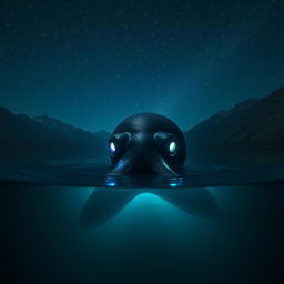 At the bottom of a serene lake, surrounded by majestic mountains under a starry midnight sky, a gigantic sea creature that resembles an octopus lies in wait