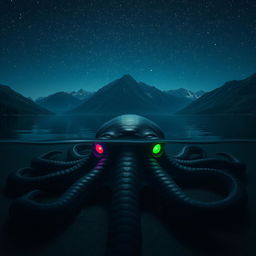 At the bottom of a serene lake, surrounded by majestic mountains under a starry midnight sky, a gigantic sea creature that resembles an octopus lies in wait