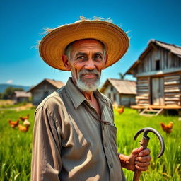 A portrait of a village man, dressed in traditional attire, standing proudly in a lush green field