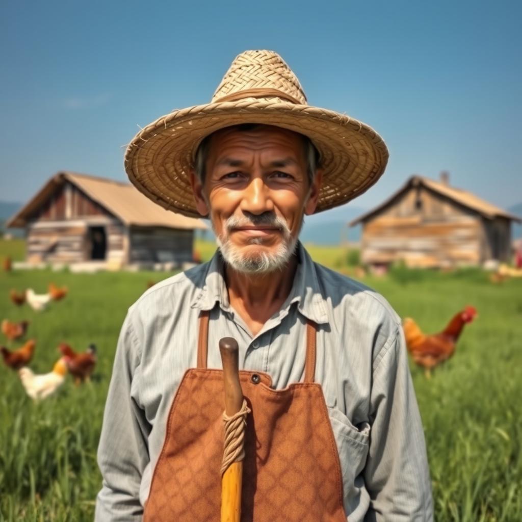 A portrait of a village man, dressed in traditional attire, standing proudly in a lush green field