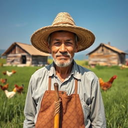 A portrait of a village man, dressed in traditional attire, standing proudly in a lush green field